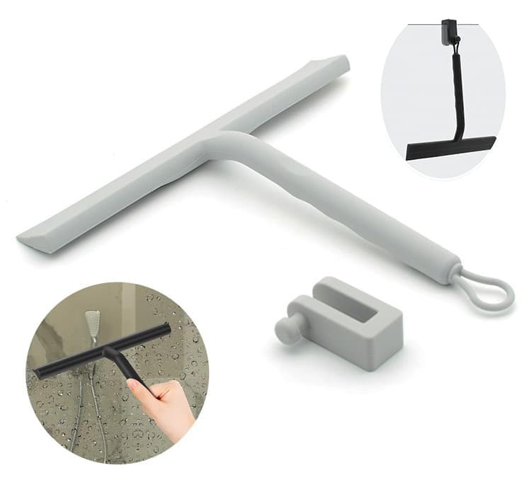 Silicone shower scraper with hook for windows shower door and car window, gray