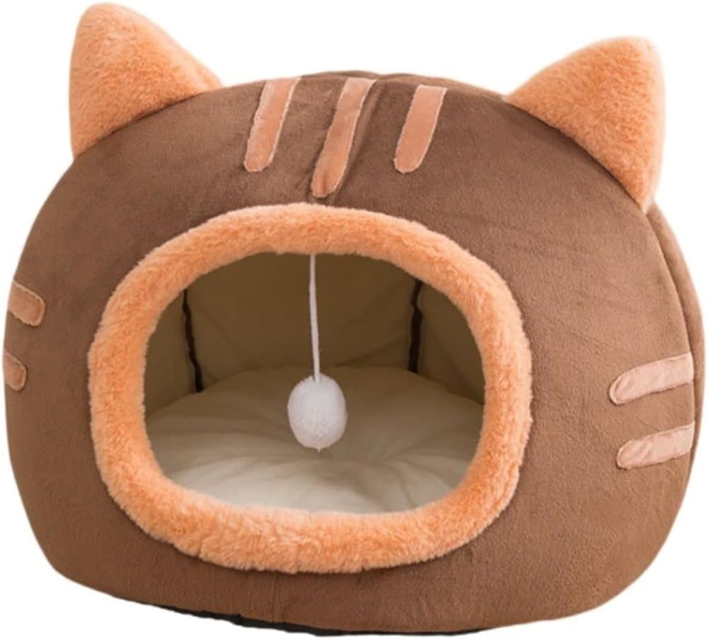 Fluffy Dog Bed Cat Bed Winter Pet House Anti-Slip, M, Brown Gray Pink