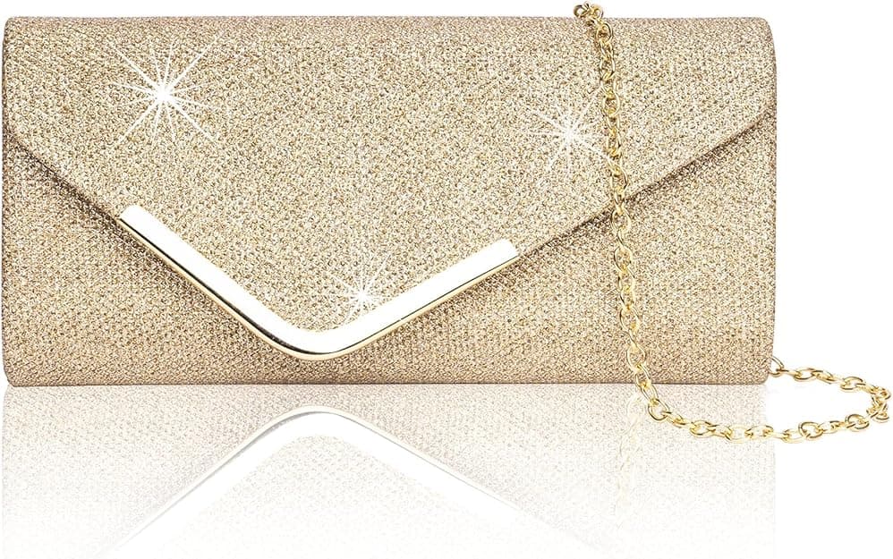 Sequin Evening Bag for Women 3-in-1 with Chain and Envelope Shape, Gold
