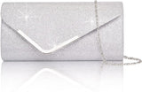 Sequin Evening Bag for Women 3-in-1 with Chain and Envelope Shape, Silver