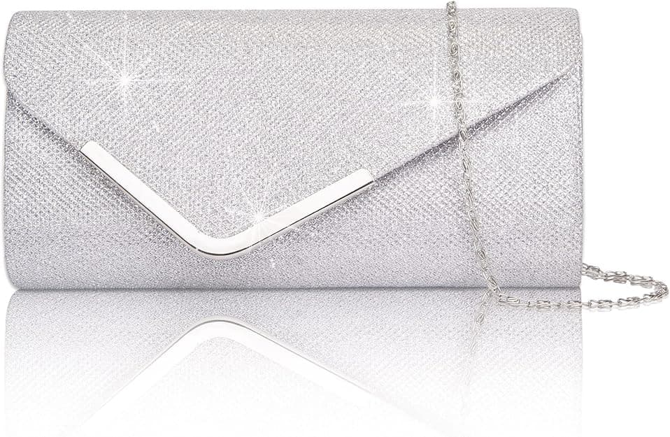 Sequin Evening Bag for Women 3-in-1 with Chain and Envelope Shape, Silver