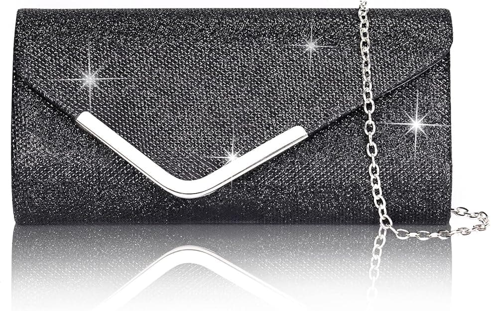Sequin Evening Bag for Women 3-in-1 with Chain and Envelope Shape, Black
