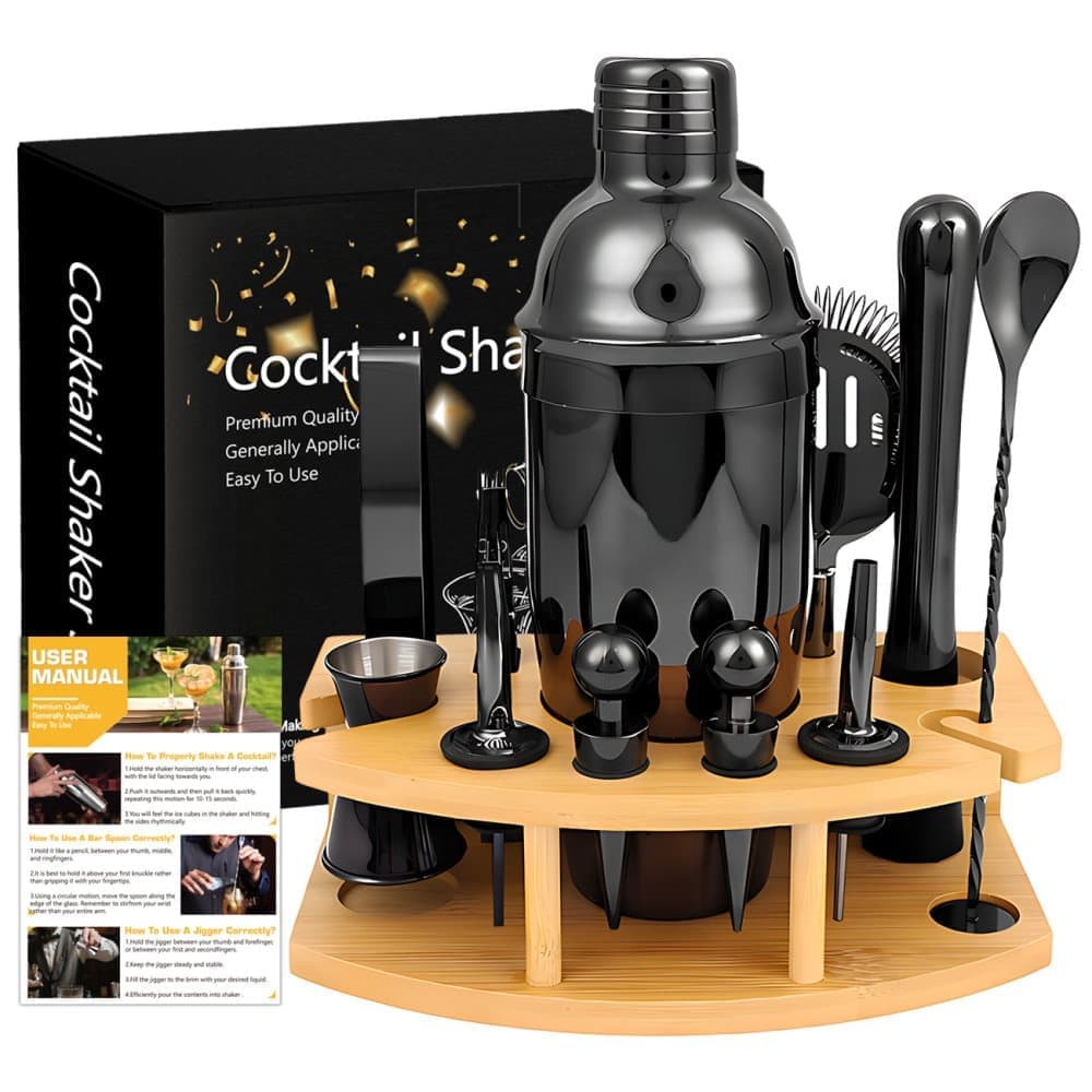 12-Piece Stainless Steel Cocktail Set with Bamboo Stand, Black, for Bar and Home Use, Perfect Gift