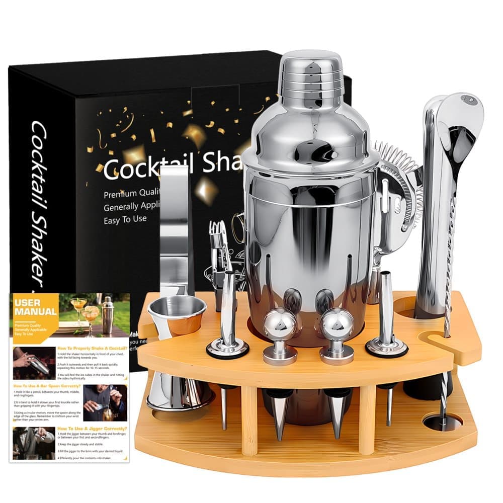 12-Piece Stainless Steel Cocktail Set with Bamboo Stand, Silver, Perfect Gift for Home Bar