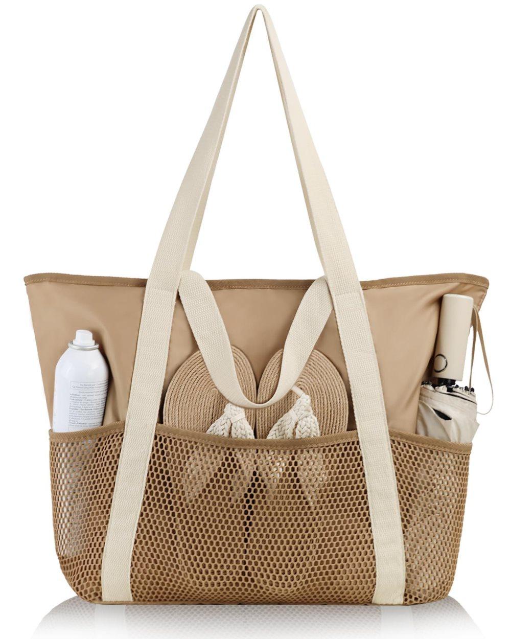 Waterproof Beach Bag for Women with Zipper Sand-Resistant Design Shoulder Strap, Perfect for Beach and Travel, Brown