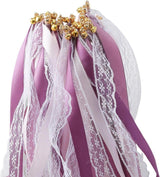30 Pack Purple Satin & Lace Ribbon Wands with Bells for Wedding & Party Decor, 30cm