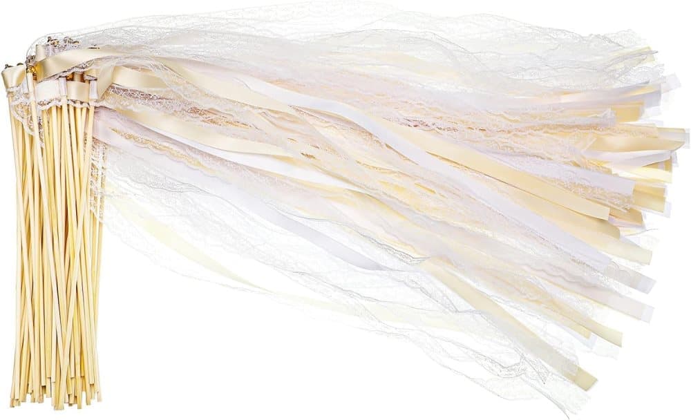 30 Pack Wedding & Party Decor Satin & Lace Ribbon Wands with Bells, 30cm Light Orange