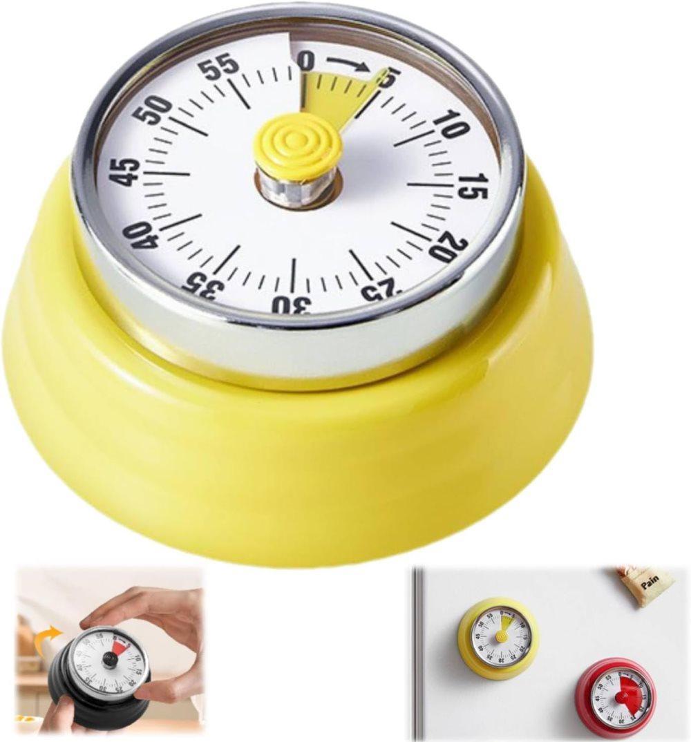 60 Minute Mechanical Kitchen Timer with Magnet, Stainless Steel Yellow, 3.6 x 7.3cm