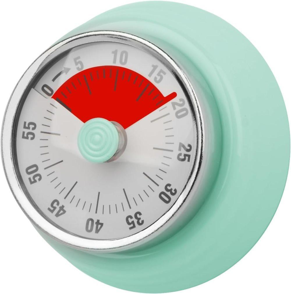 60 Minute Mechanical Kitchen Timer with Magnet, Stainless Steel, Green, 3.6 x 7.3cm