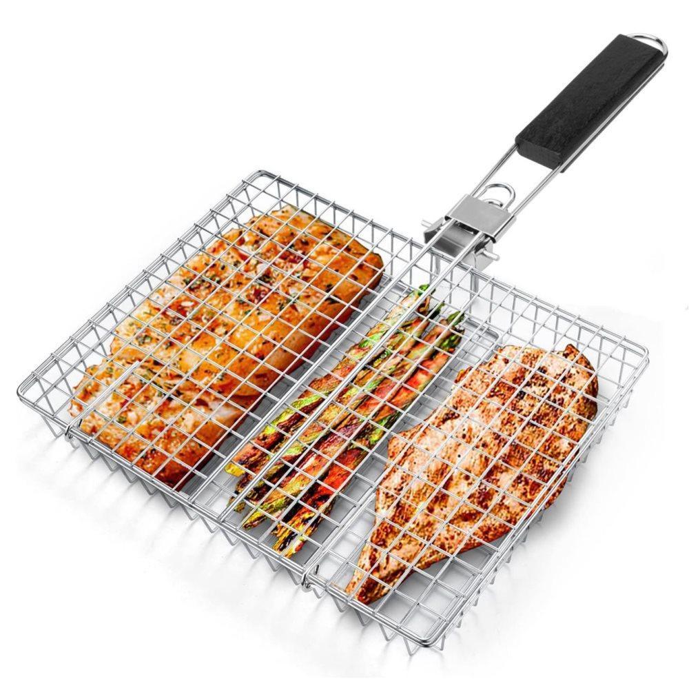 Foldable Grill Basket Stainless Steel for Fish Vegetables and Meat, Compatible with Camping and Outdoors, 46.5x32 cm
