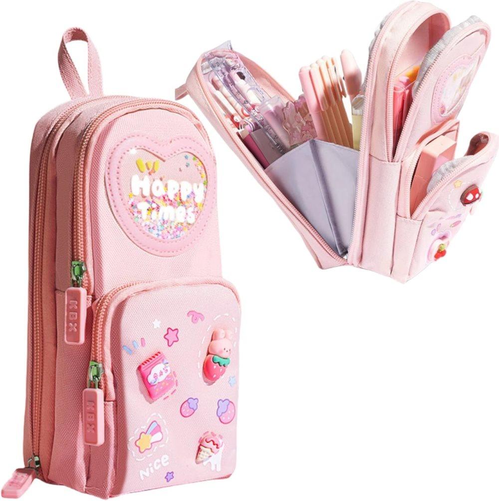 3 Compartments Cute Pencil Case Large Capacity Multifunctional Pencil Bag, Pink