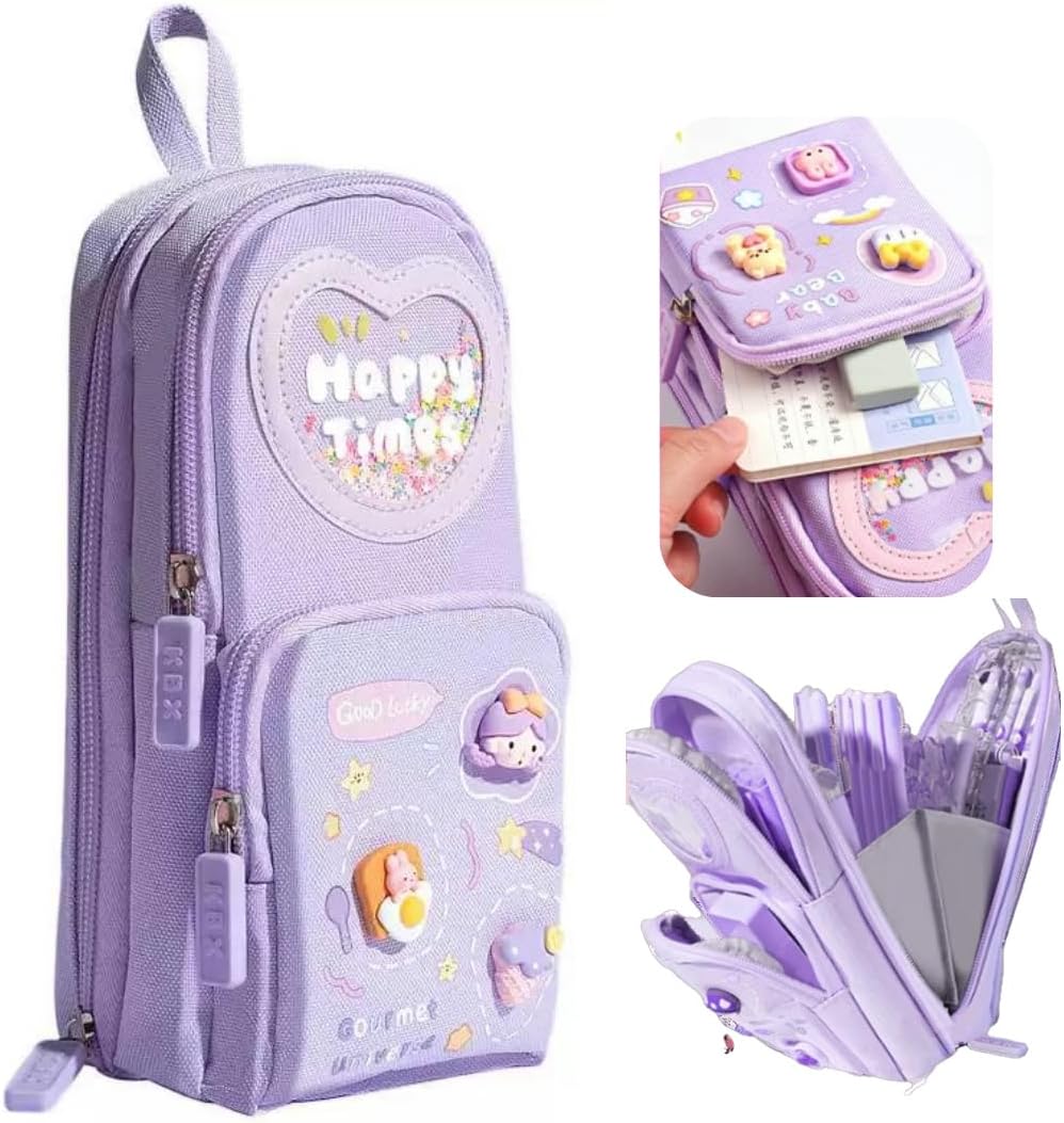 3 Compartments Multifunctional Pencil Case Large Capacity, Purple