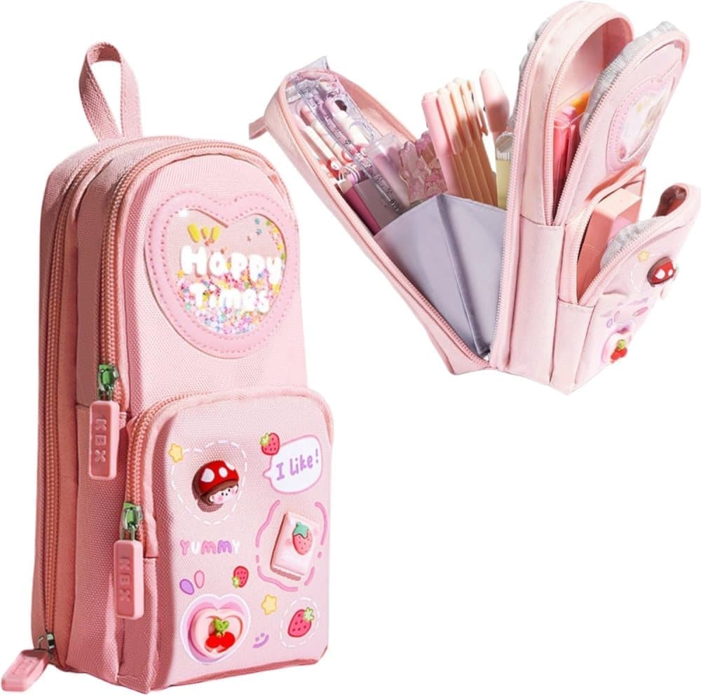 Pencil case with 3 compartments large capacity, cute design, pink, 1 piece