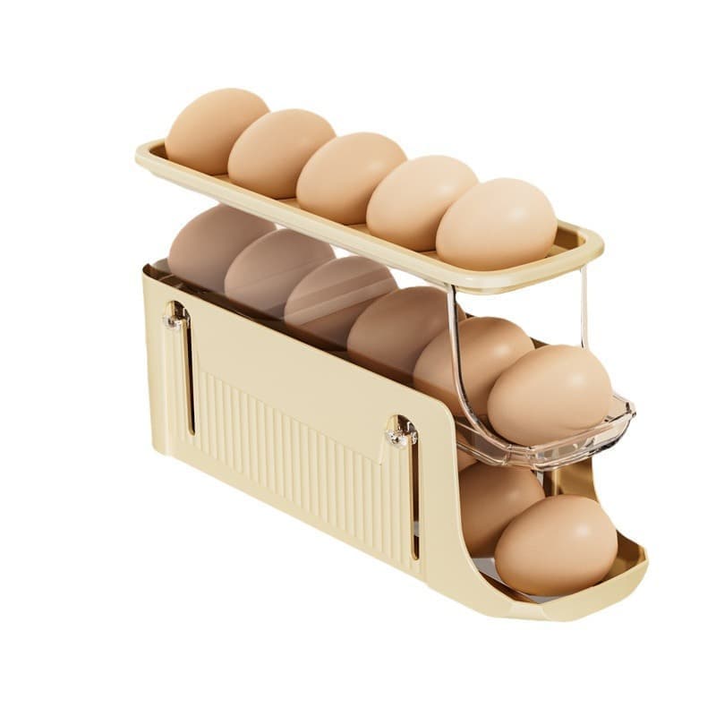 30 Eggs Egg Container 2-Pack, Foldable Automatic Rolling Egg Holder with Dispenser for Refrigerator, 2-3 Levels, Yellow