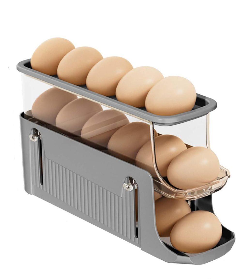 30 Eggs Egg Container 2-Pack, Automatic Rolling Foldable Egg Holder with Dispenser for Refrigerator, 2-3 Levels, Gray