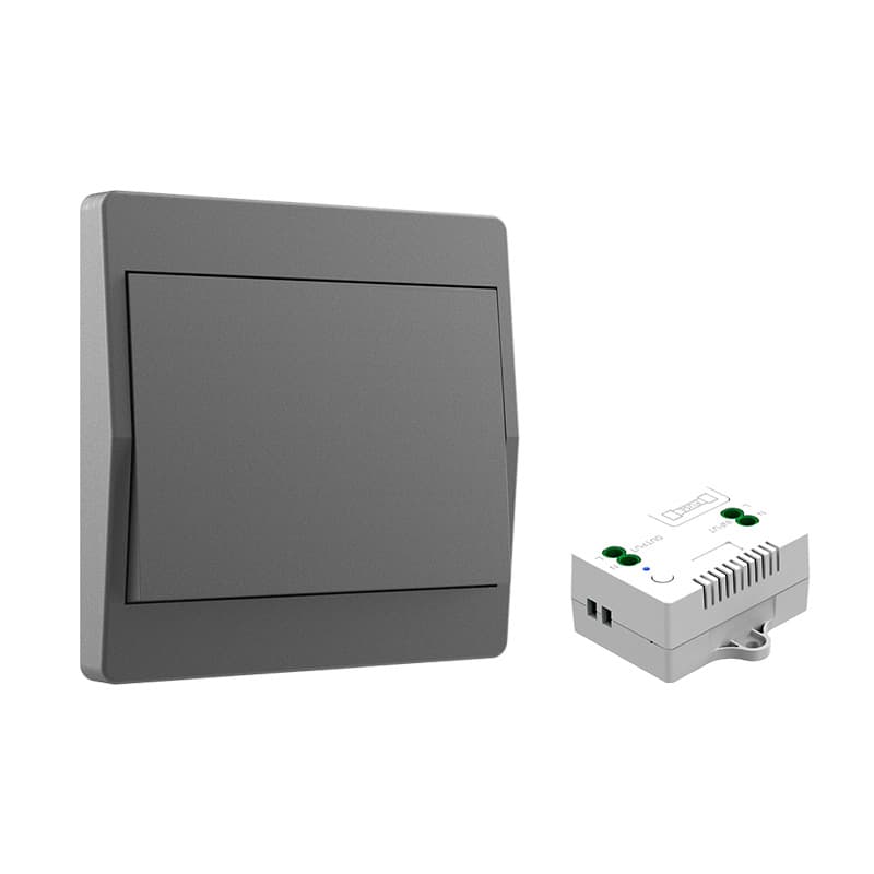 Gray battery-free wireless light switch and receiver kit.