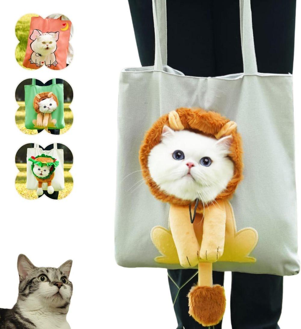 Portable Pet Bag for Small Dogs and Cats with Hands-Free Side Opening, Cat Motif, Perfect for Outdoor Travel, 37x37cm, Gray