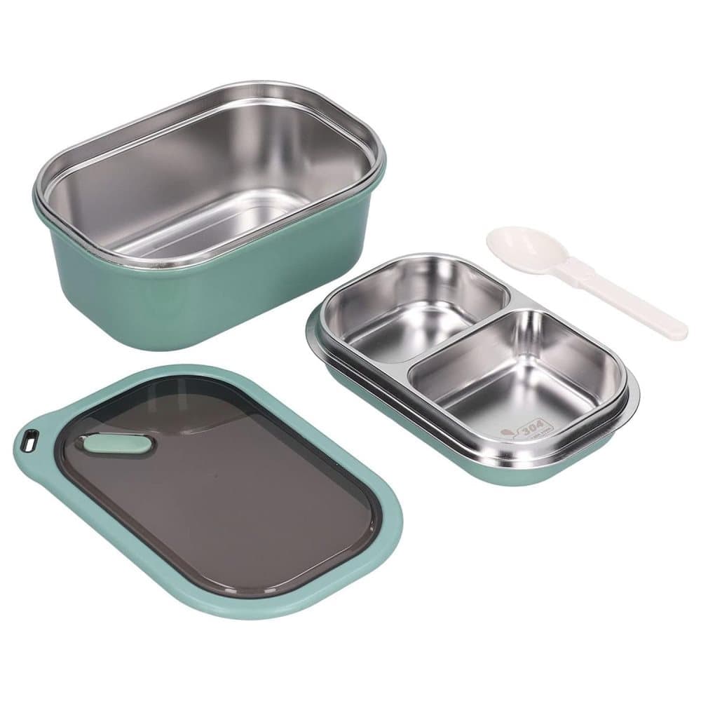 Stainless steel lunch box 1200ml with spoon, double layer 2 compartments leak-proof, 304 stainless steel, Green