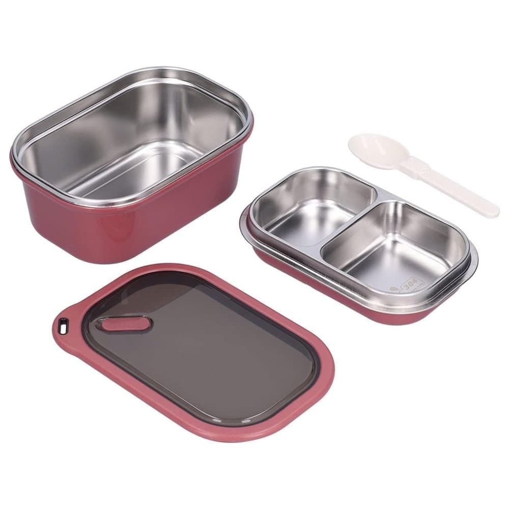 1200ml 2 Compartments Leak-Proof Stainless Steel Lunch Box with Spoon, 304 Stainless Steel, RED