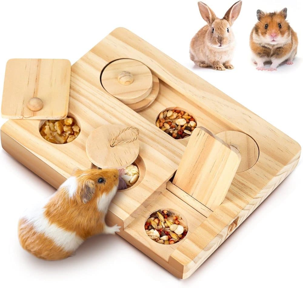 6-in-1 Hamster Feeder Interactive Wooden Game with Treat Dispenser and Rodent Search Toy for Hamsters Rabbits Chinchillas Gerbils