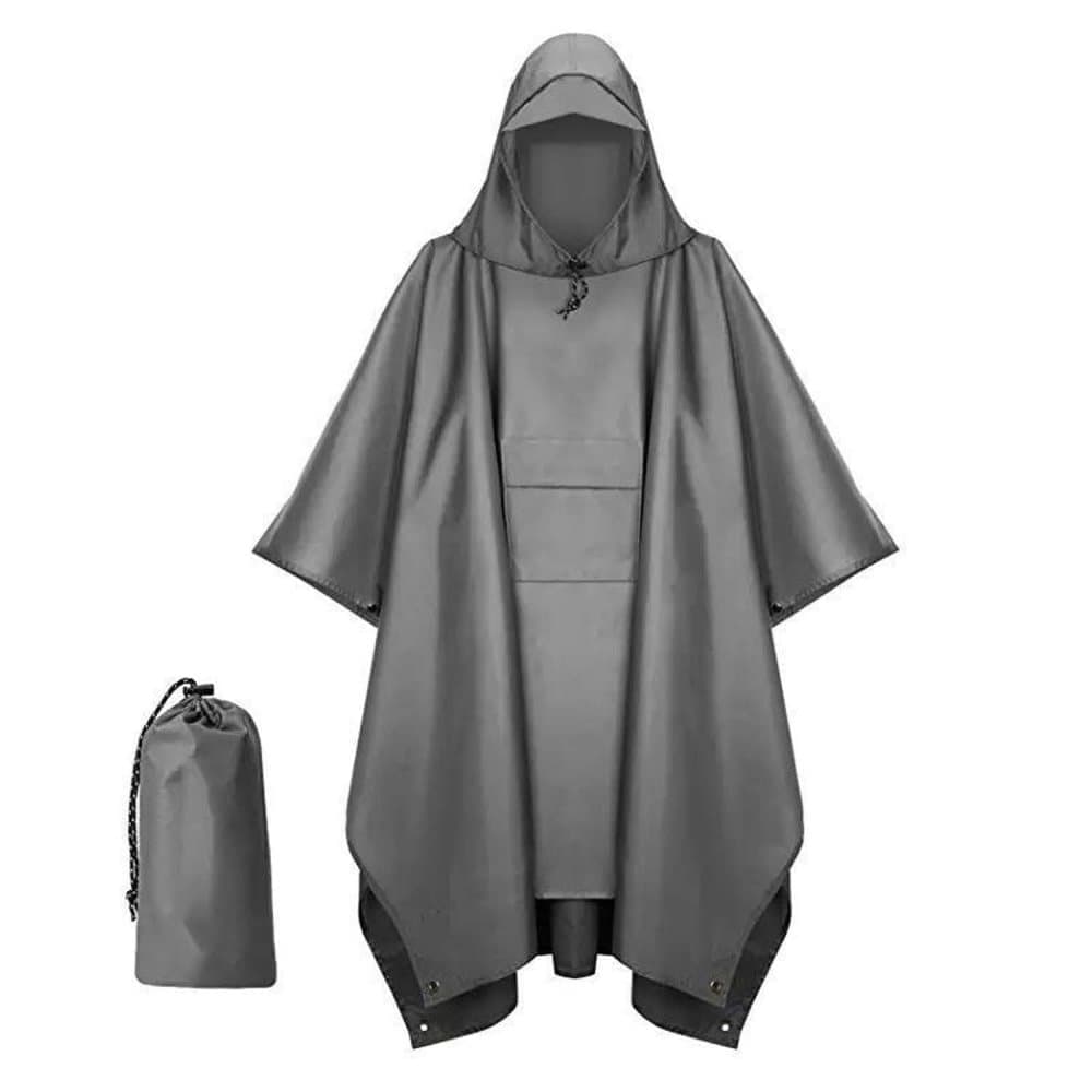 Waterproof Rain Jacket Poncho 3-in-1 Multifunctional with Hood, Gray