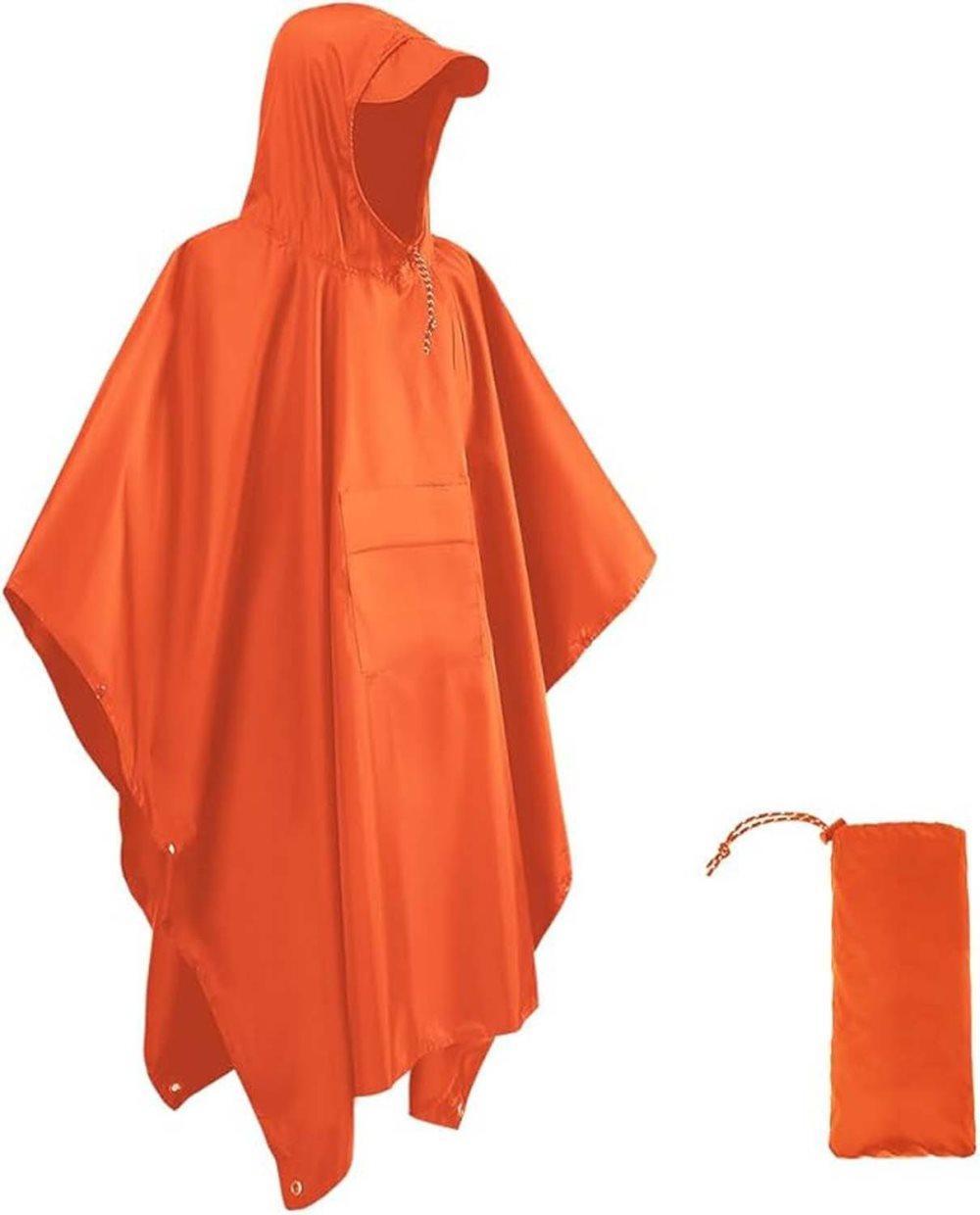 Breathable Waterproof 3-in-1 Rain Jacket Poncho with Hood for Outdoor Activities, Orange