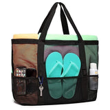 6 Pockets Mesh Beach Bag, Foldable Picnic Bag for Family, Compatible with Oral-B, Large, Black