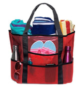 6-Pocket Foldable Mesh Beach Bag for Family Picnic, One Size, Red