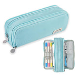 Blue Spacious Pencil Case with 3 Compartments, School Pencil Bag, Multifunctional Holder
