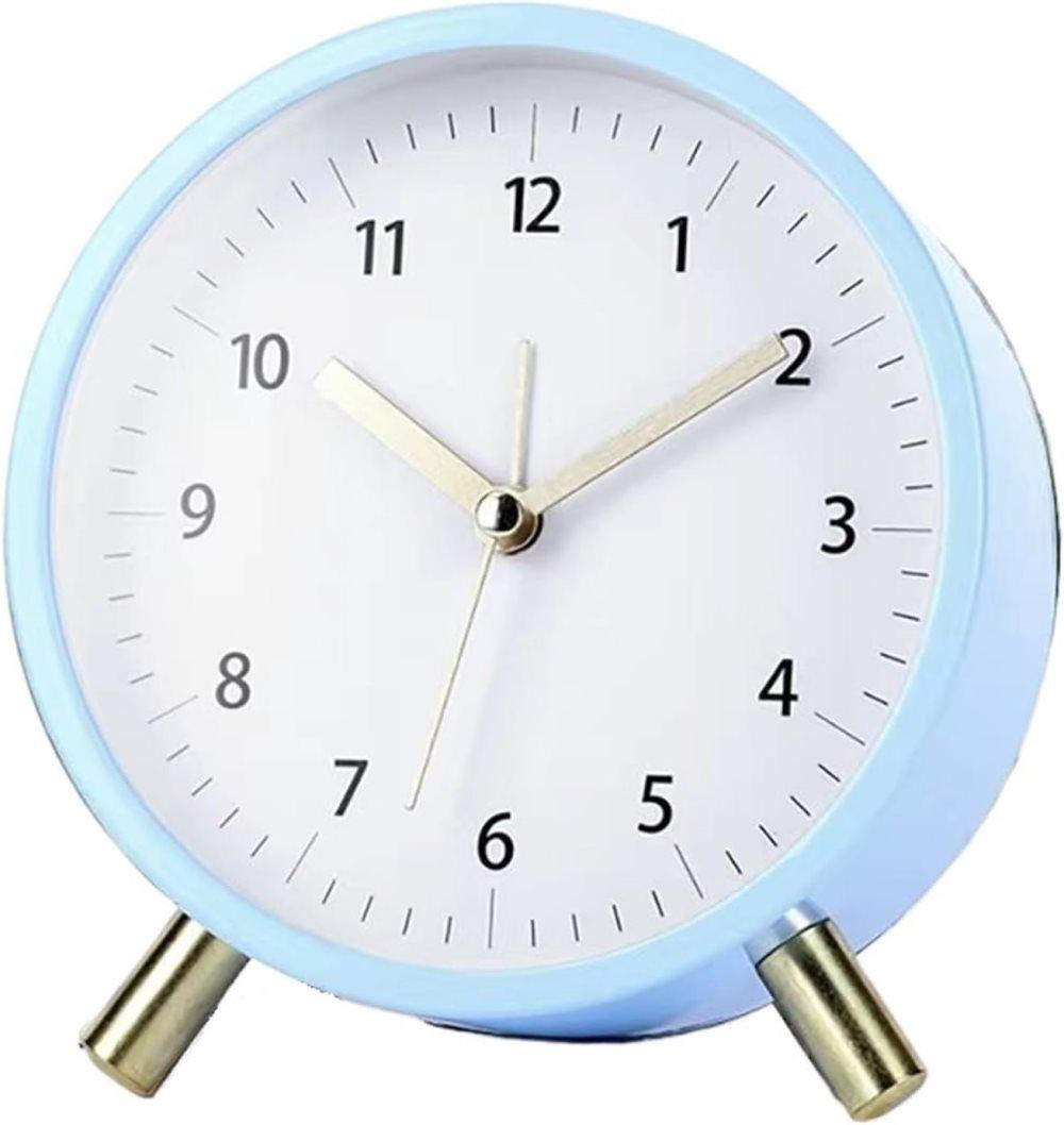Small Silent Alarm Clock with Night Light and Backlight for Bedroom Office Living Room, Blue, Metal