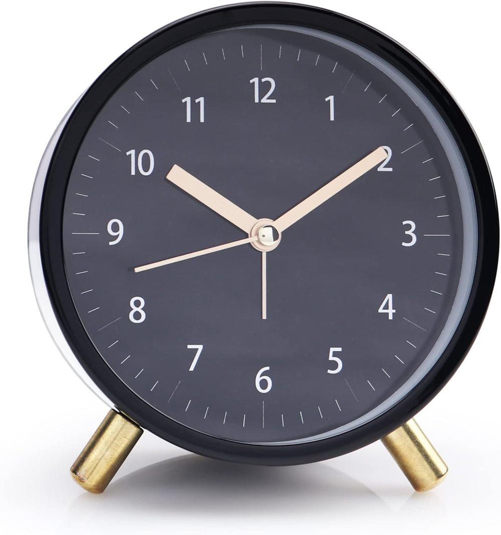 Silent Alarm Clock with Night Light and Backlight, Small Metal Clock for Bedroom Office Living Room, Black