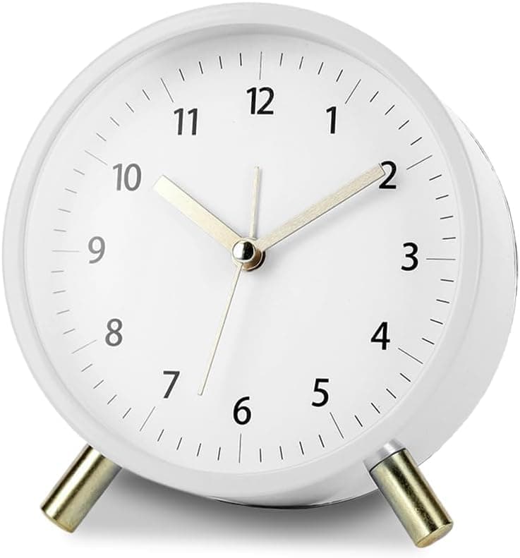 White Silent Alarm Clock with Night Light and Backlight, Small Metal Clock for Bedroom Office Living Room, 3.5 inches
