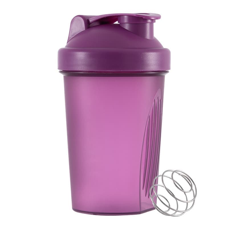 Protein Shaker 400 ml, Leak-proof Water Bottle with Stainless Steel Strainer and Measuring Scale, Purple