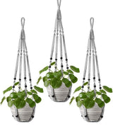 3 pcs Bohemian Plant Hanger for Indoor Plants with Braided Rope Beads and Lace Decoration, 35 Inch, Gray