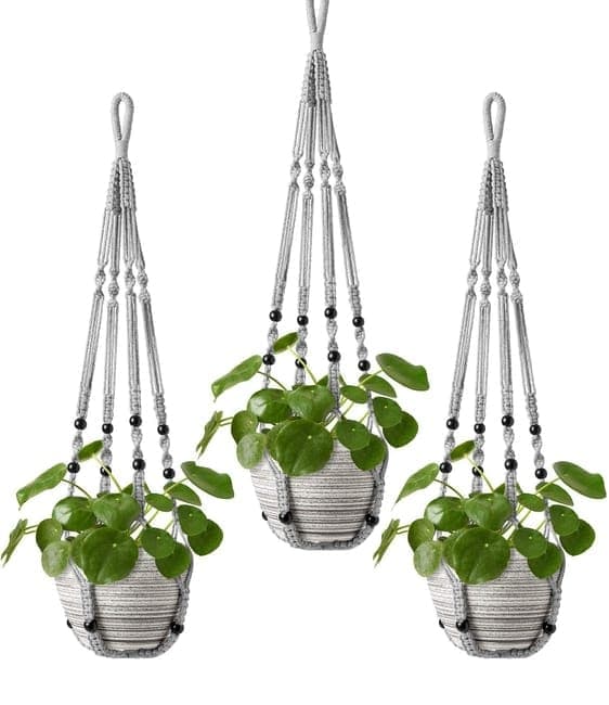 3 pcs Bohemian Plant Hanger for Indoor Plants with Braided Rope Beads and Lace Decoration, 35 Inch, Gray