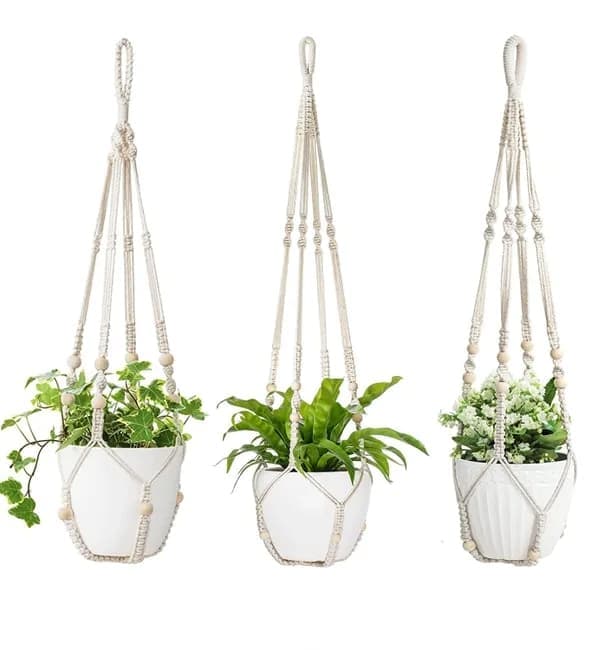 3 pcs Bohemian Plant Hanger for Indoor Plants with Braided Rope Beads and Lace Decoration, 35 Inch, White