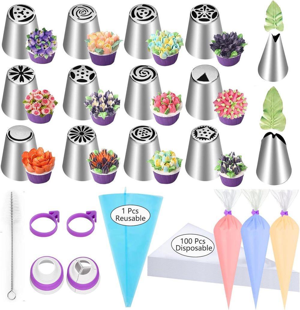 120-Piece Cake Decorating Piping Bag and Nozzle Set with Tulle, 12-Inch