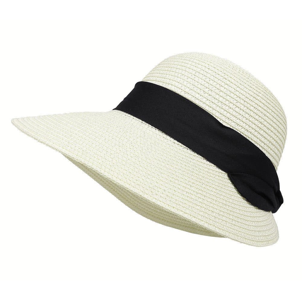 UV Protective Straw Beach Hat Wide Brim Foldable Breathable for Summer Outdoor, White