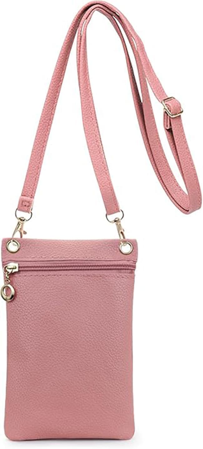 Pink Lychee Texture Phone Bag with Shoulder Strap, 19cm x 12.5cm
