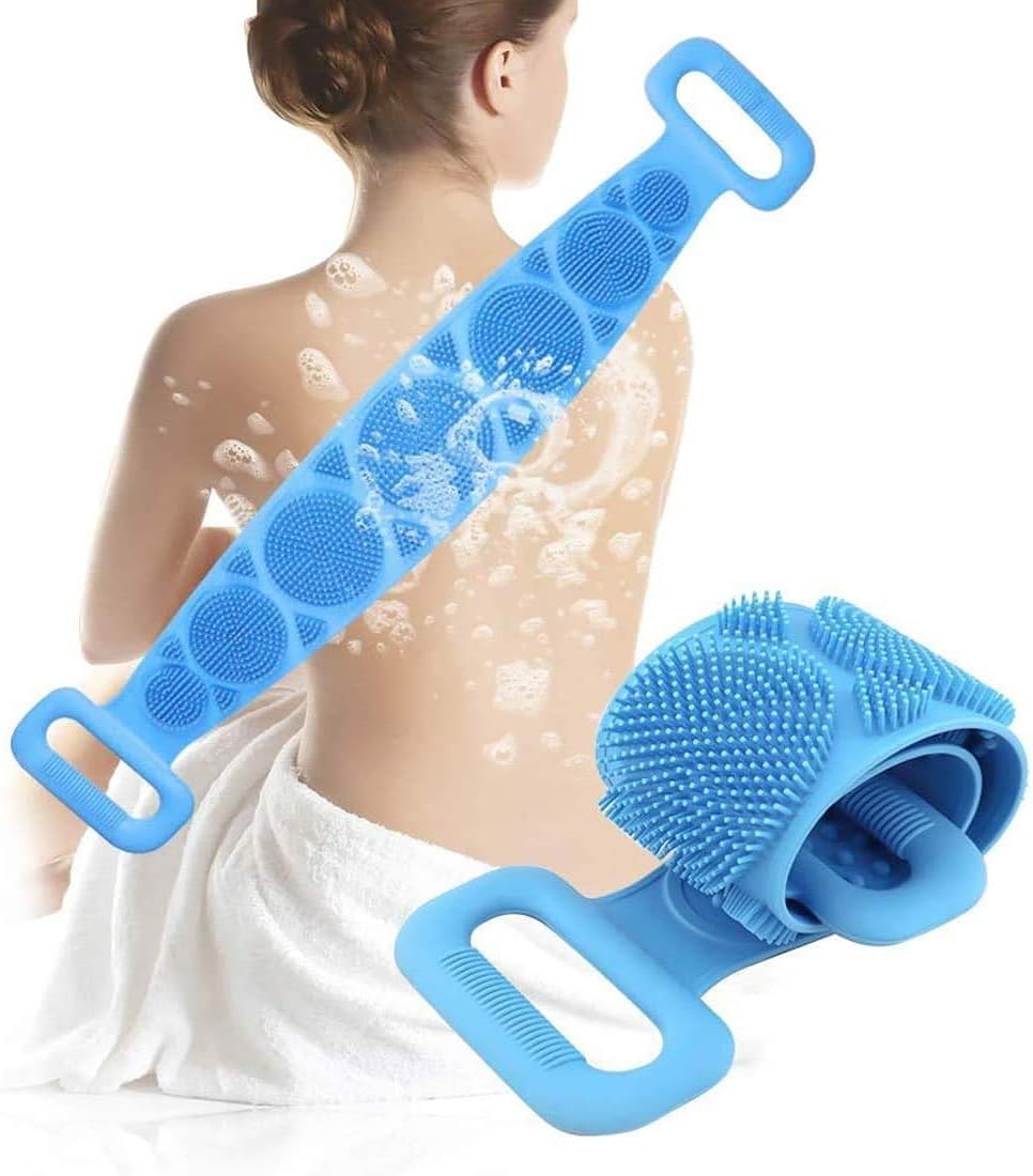 Silicone Body Brush Back Scrubber for Women and Men, Soft Exfoliating Bath Shower Brush with Massage Particles, Blue