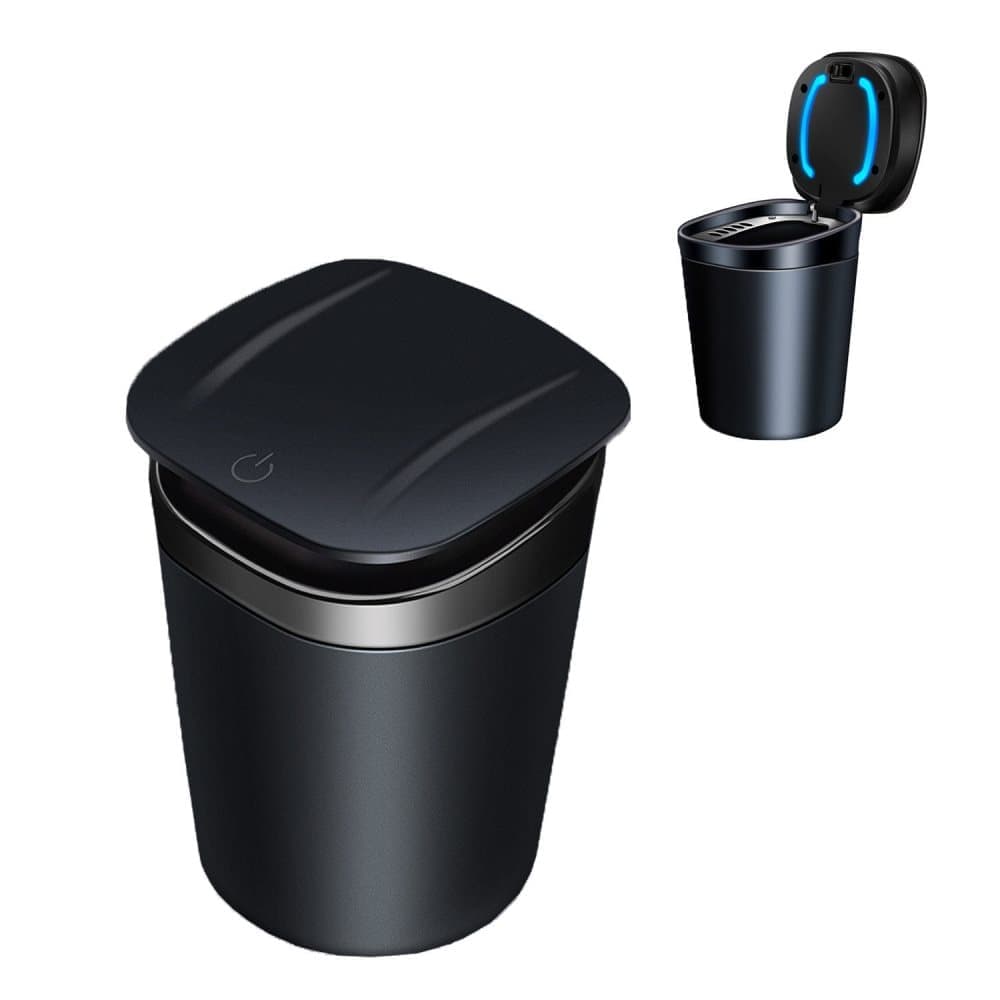 Portable LED Ashtray with Lid, Odorless Automatic Extinguishing Car Ashtray, Compatible with All Brands, Black
