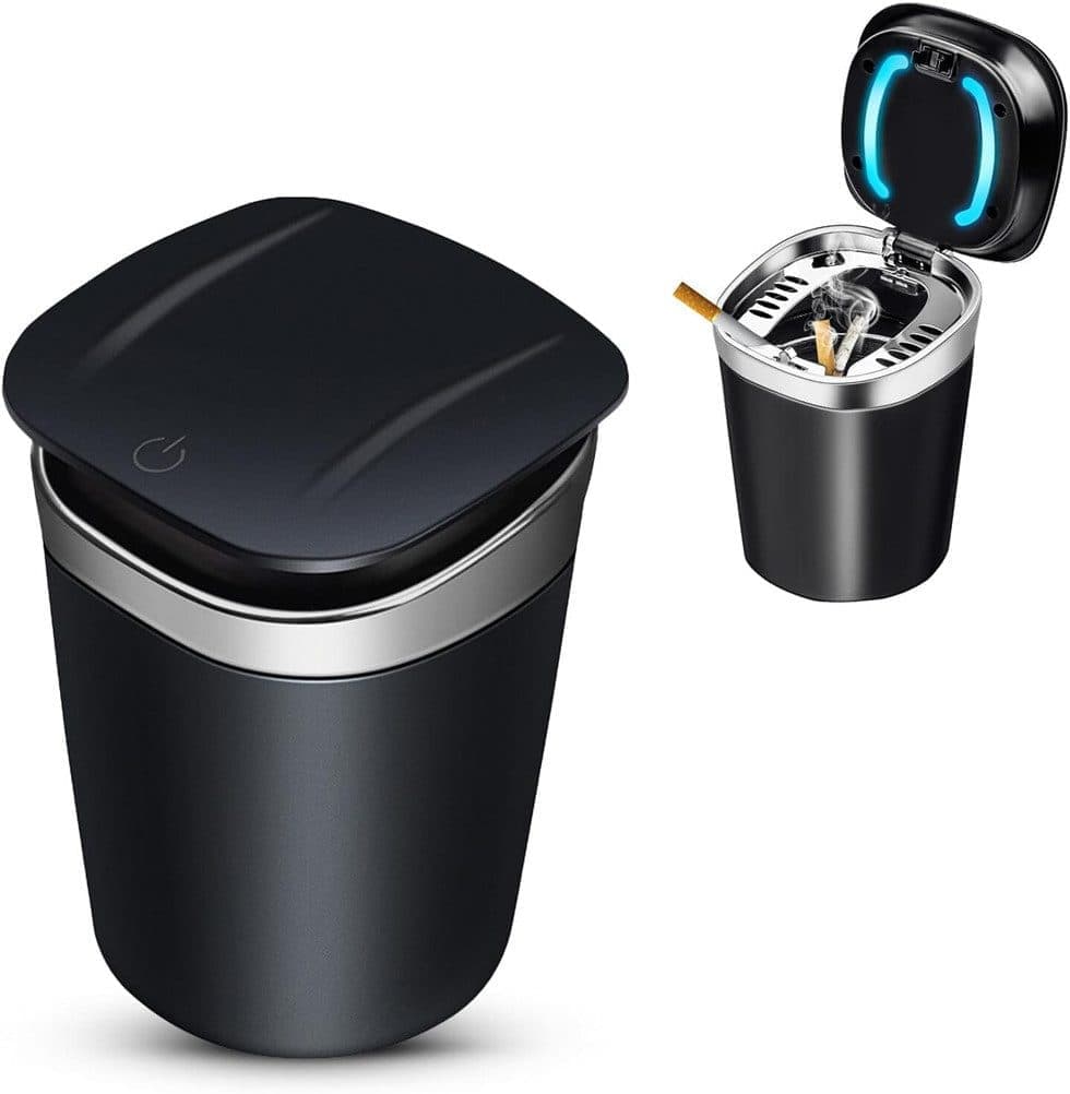 Portable Car Ashtray with Lid, Odorless Automatic Extinguishing & LED Light, Silver