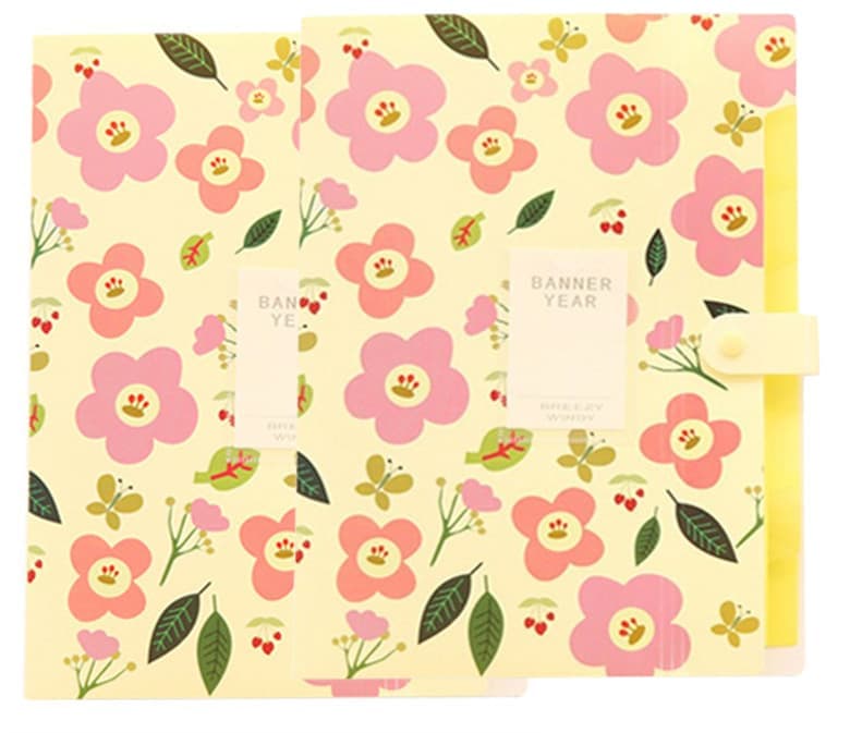 8 Compartments A4 Document Folder Waterproof Floral Pattern, with A4 Size, Yellow