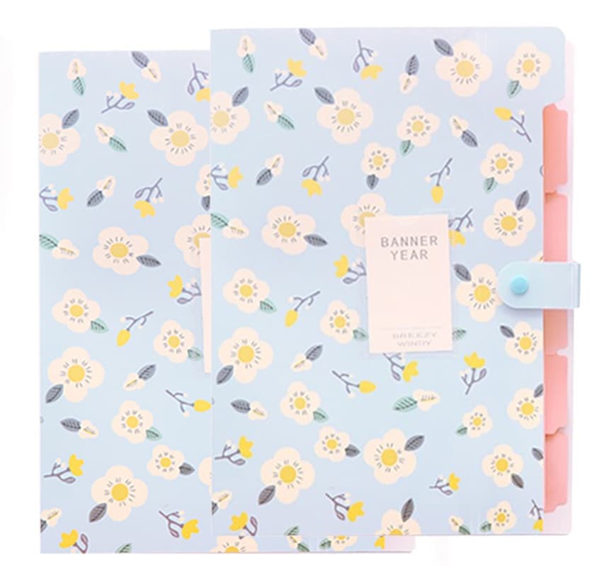 8 Compartments A4 Document Folder Waterproof Floral Pattern, Blue, with A4 Size