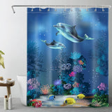 Waterproof polyester shower curtain with sea turtle and dolphin motif, mildew resistant, 180x180 cm, dark blue