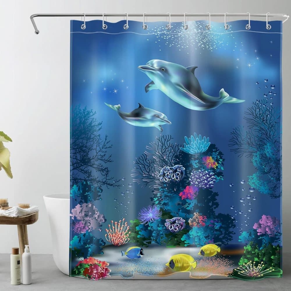 Waterproof polyester shower curtain with sea turtle and dolphin motif, mildew resistant, 180x180 cm, dark blue