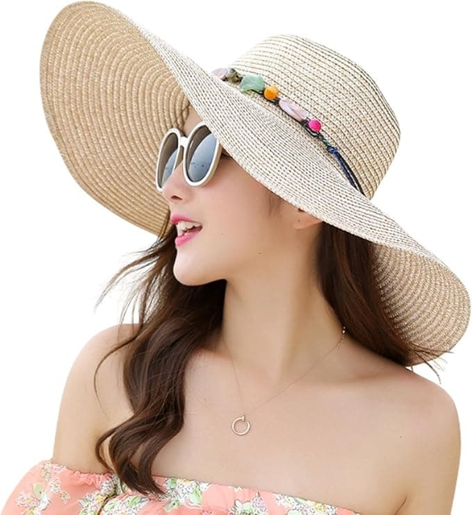 Women's Wide Brim Straw Hat UPF50+ Sun Protection Foldable Beach Hat for Summer, Beige
