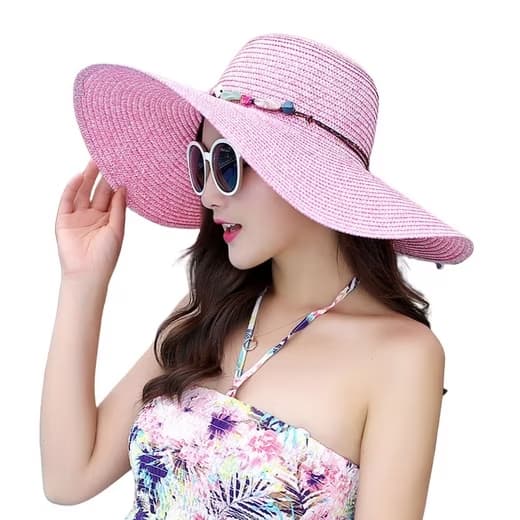 Foldable Straw Hat for Women UPF50+ Sun Protection Wide Brim, Pink, One Size