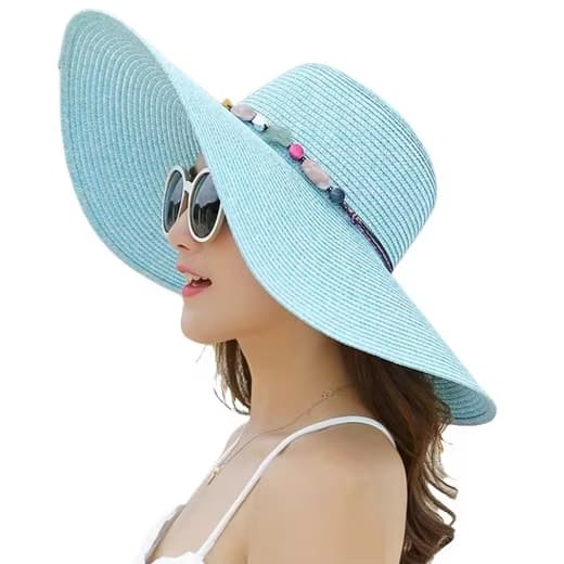 Women's Wide Brim Straw Hat UPF50+ Sun Protection Foldable Beach Hat, Light Blue