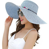 Foldable Straw Hat for Women UPF50+ Sun Protection Wide Brim, Blue, One Size
